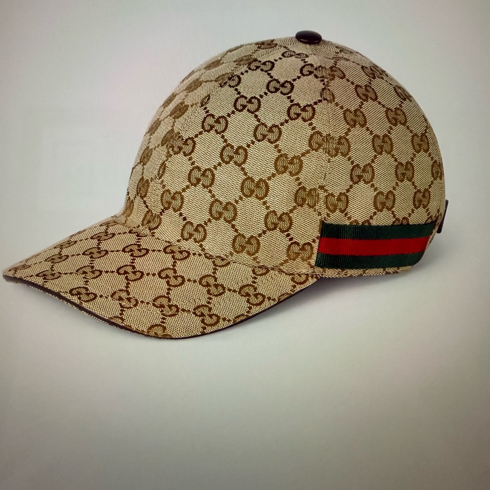 Gucci Tan Monogram Cap with Green and Red Stripe